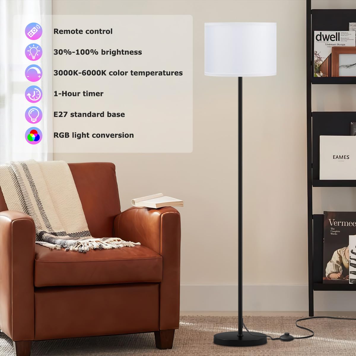 Ambimall Floor Lamp with Smart Light Bulb, RGB & Dimmable, 60 inches, Metal, White Shade & Black Pole, Model RPT-ZGB126