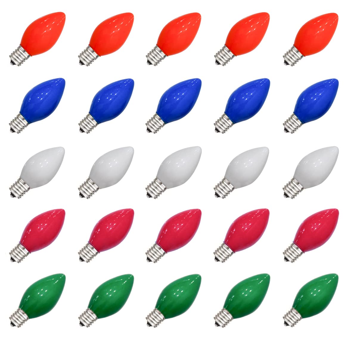 Sunsgne 25 Pack C7 Multicolor Christmas Replacement Bulbs, Vintage Multicolor Ceramic Light Bulbs For C7 Christmas String Lights