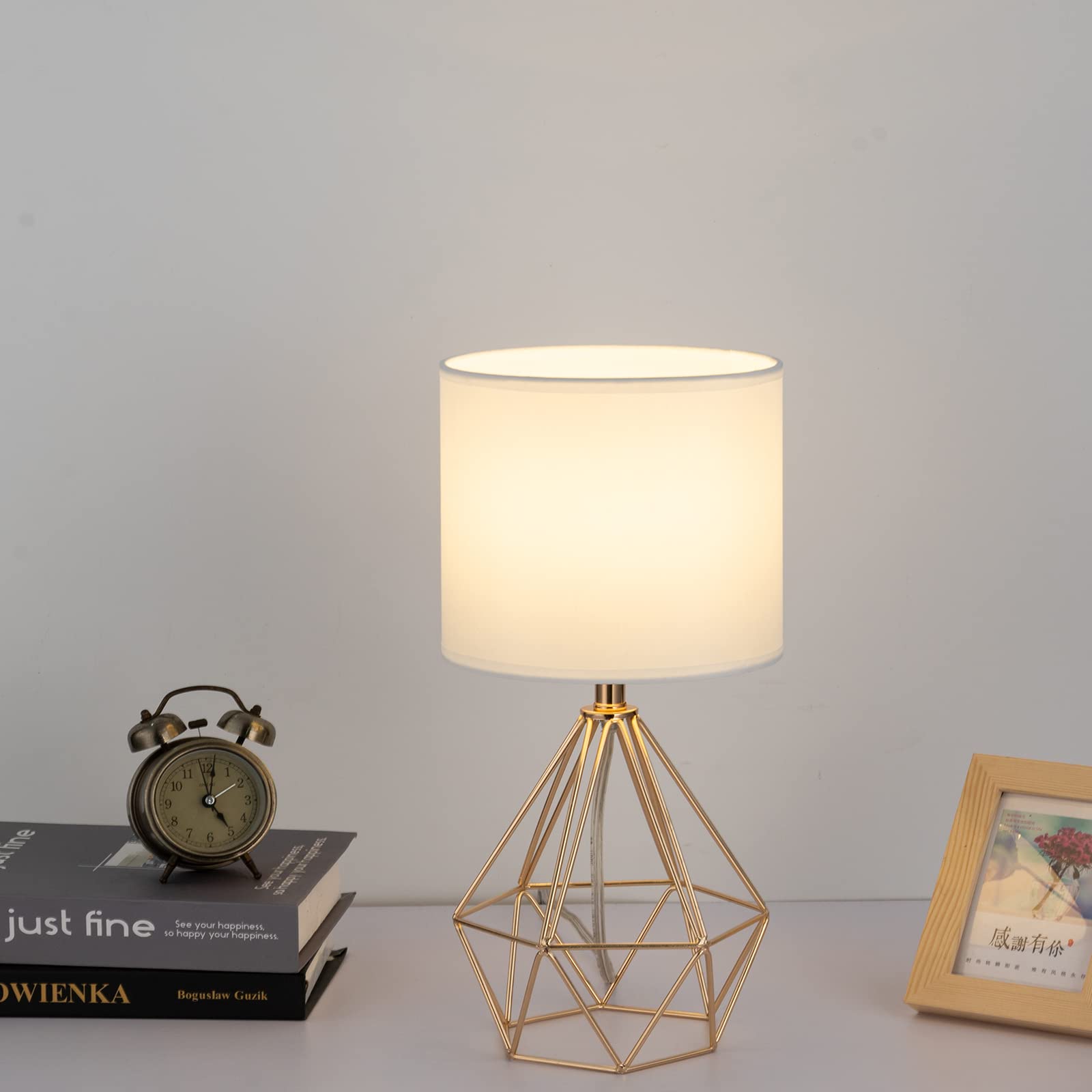 Sottae Gold Table Lamps Set Of 2, Small Gold End Table Lamp With White Fabric Shade,Bedside Nightstand Lamp With Geometric Metal