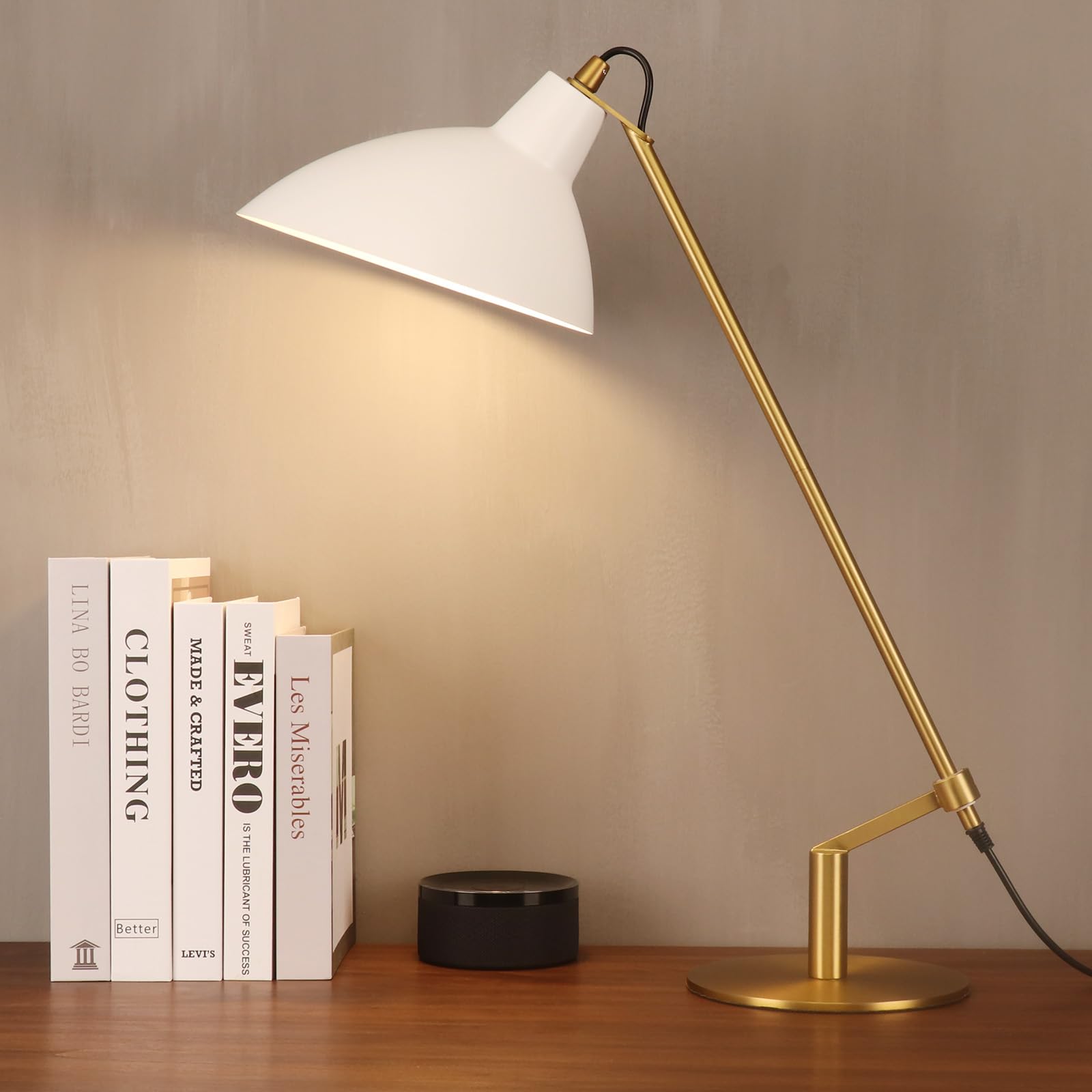 PSDSSHIIS Desk Lamp Modern Industrial 22in Metal Table Lamp Soft White Light 3000K Adjustable Switch White+Brass PS006