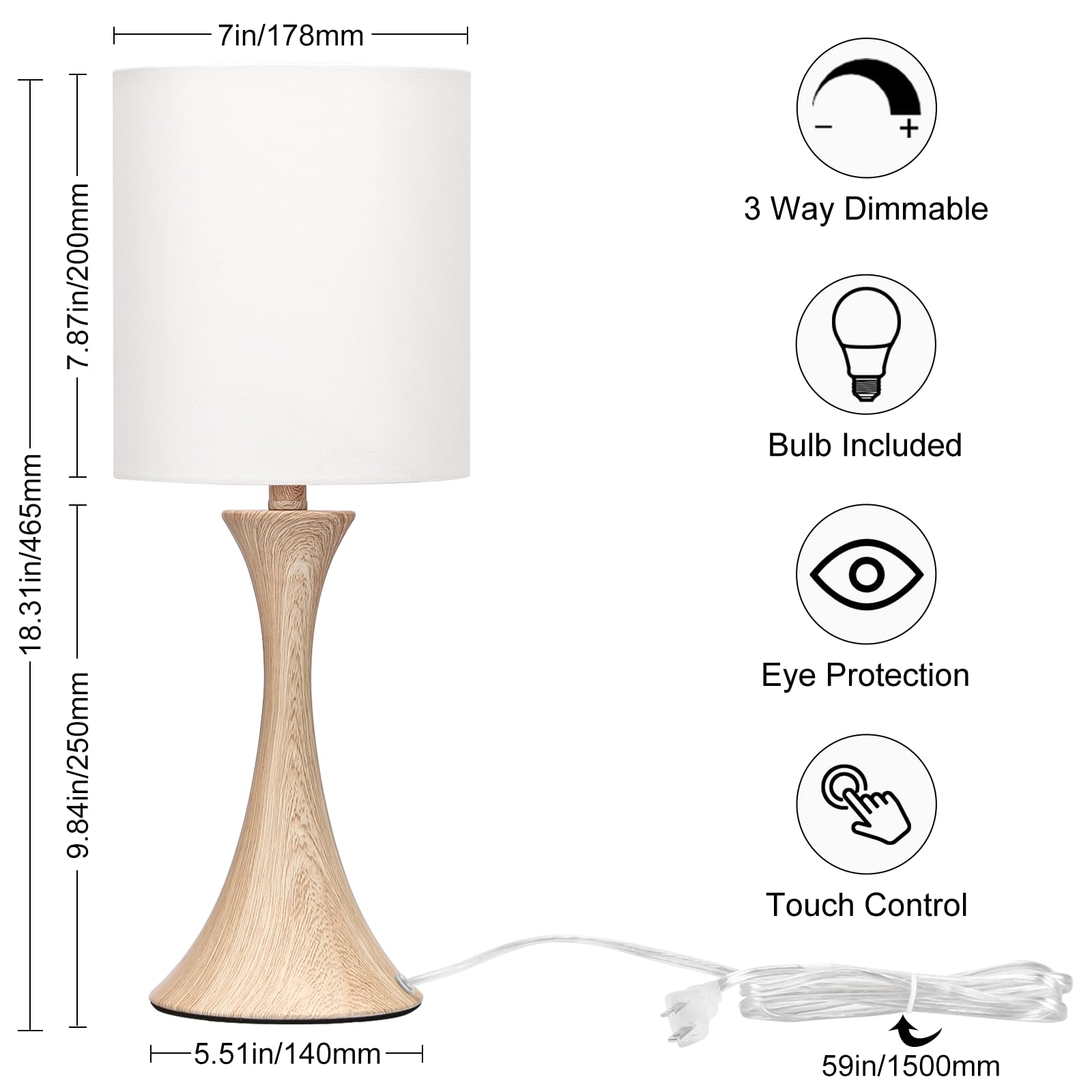 Seaside Village 3-Way Dimmable Touch Control Bedside Lamp, Wood Grain Base & White Shade, Modern Nightstand Light with 3000K LED Bulb