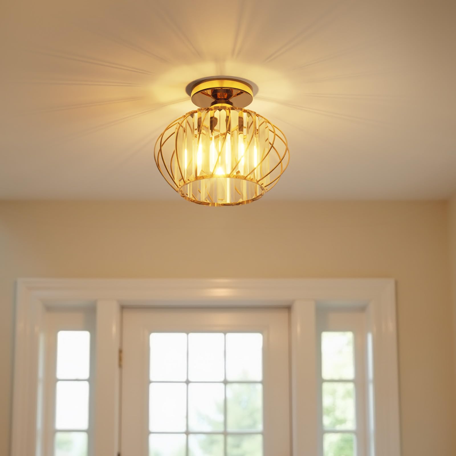 ANWIO Crystal Semi Flush Mount Ceiling Light Fixture  Gold Chandelier Hallway Lights  Modern Crystal Chandelier for Entryway Corridor Closet Foyer Bathroom Kitchen  E26  9inch