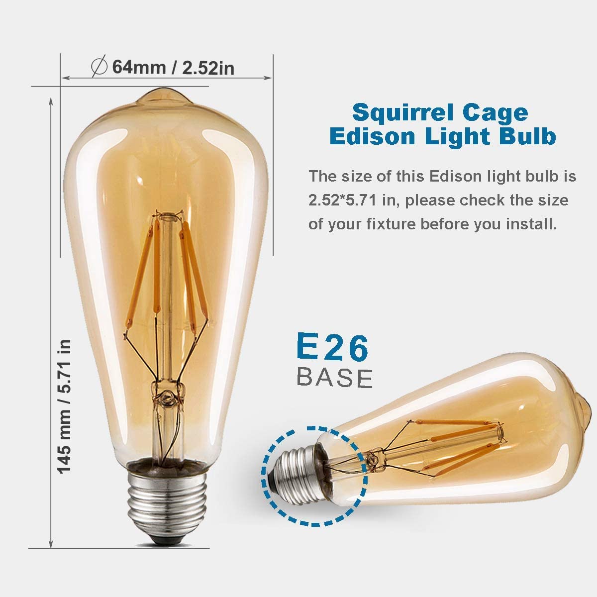 Luxon Led Edison Bulbs,Dimmable Amber Glass,Warm White 2700K,4W(40W Equivalent) Antique Vintage Filament Light Bulbs,E26 Base