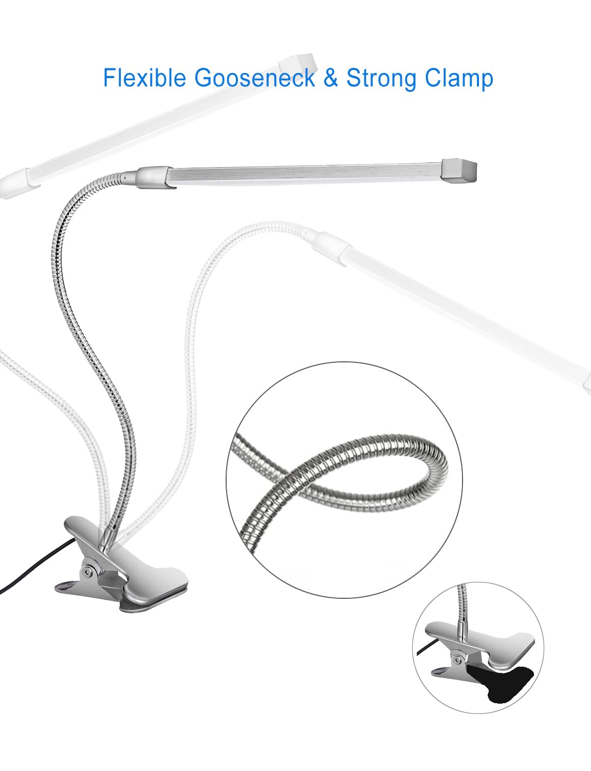 VagaryLight Nail Desk Lamp, Flexible Gooseneck, 3 Color Modes, 10 Brightness Levels, Small, Aluminum, Silver, Model DLDL8