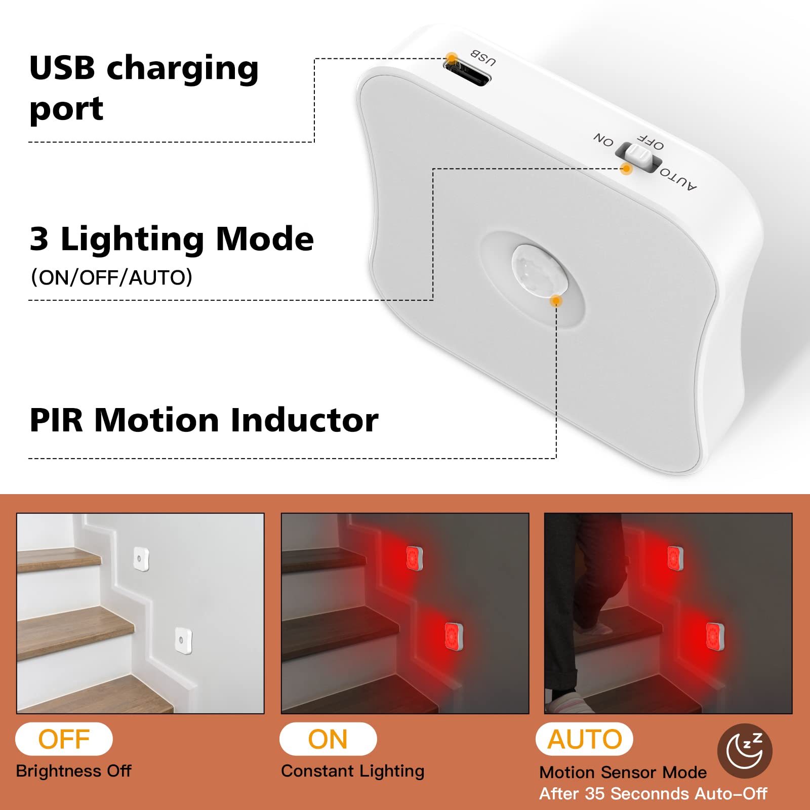 Bestendony Red Motion Sensor Night Lights, Rechargeable, 4 Pack, Magnetic, ABS Material, Sleep Aid for Bathroom, Hallway, Bedroom