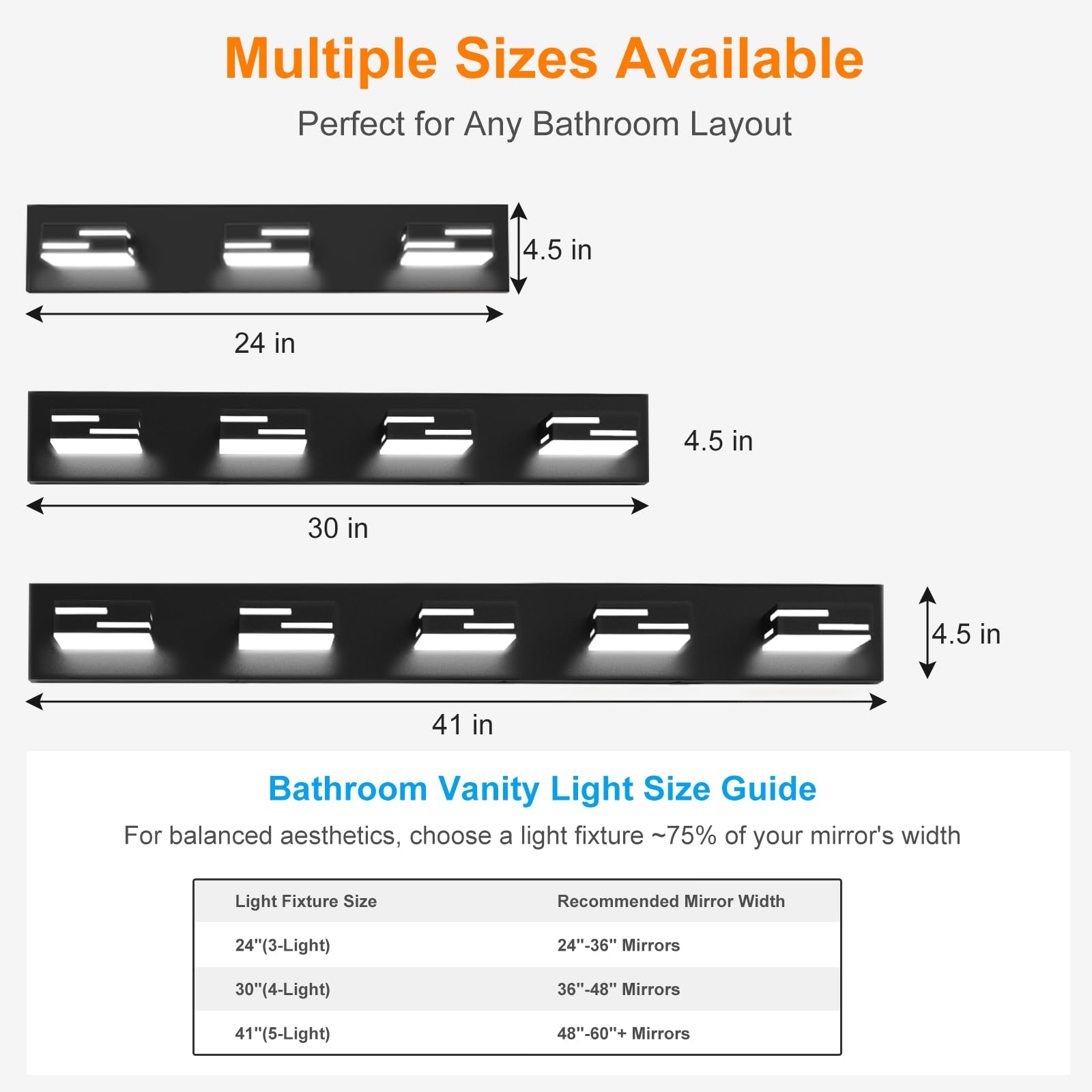 IZORRO LED Bathroom Vanity Light Fixtures, 30-Inch, 4-Light, Dimmable, Matte Black, Metal, Model SPU9-PT-3