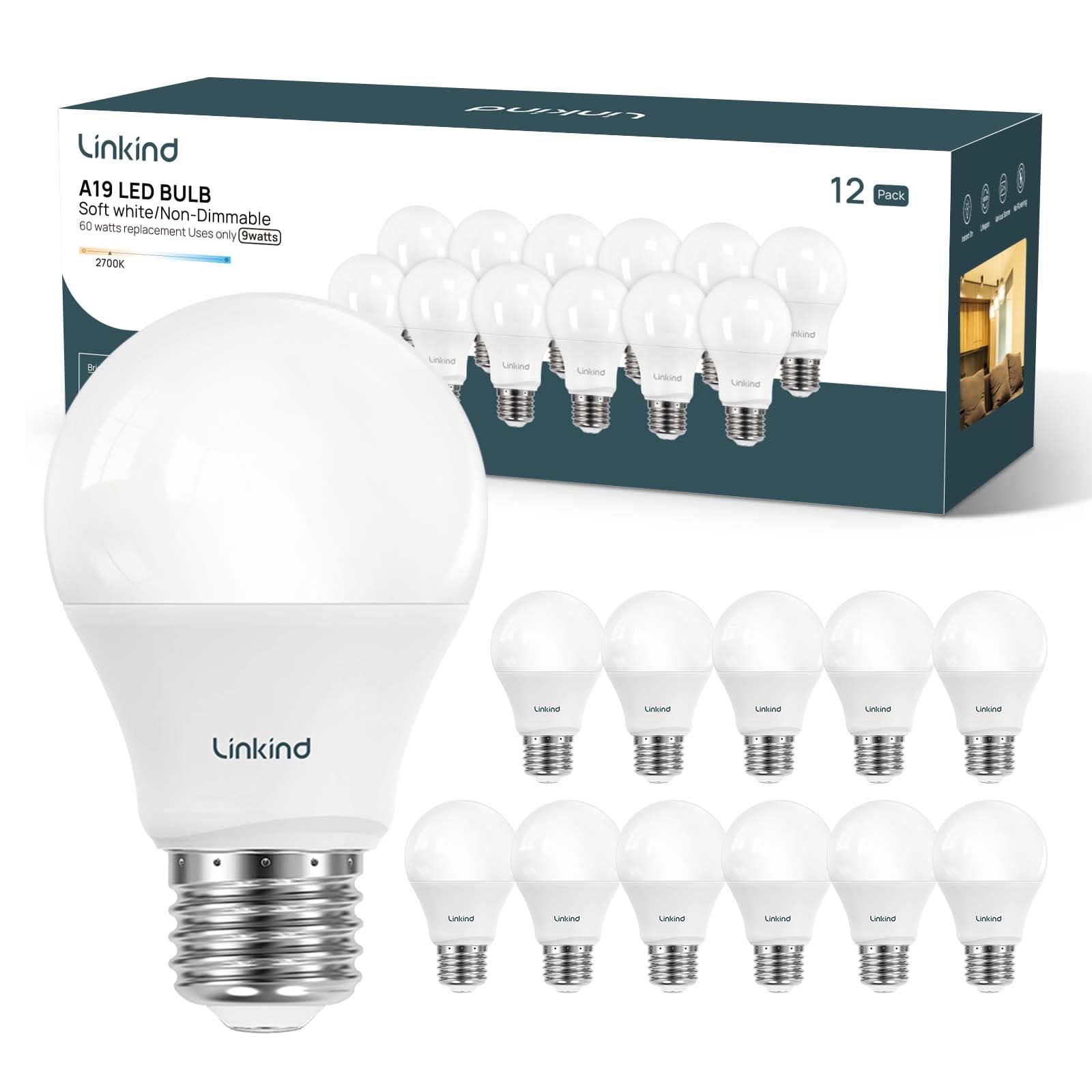 Linkind A19 LED Light Bulb, 9W 2700K Soft White, 800 Lumens, E26 Base, Energy Efficient, 12 Pack