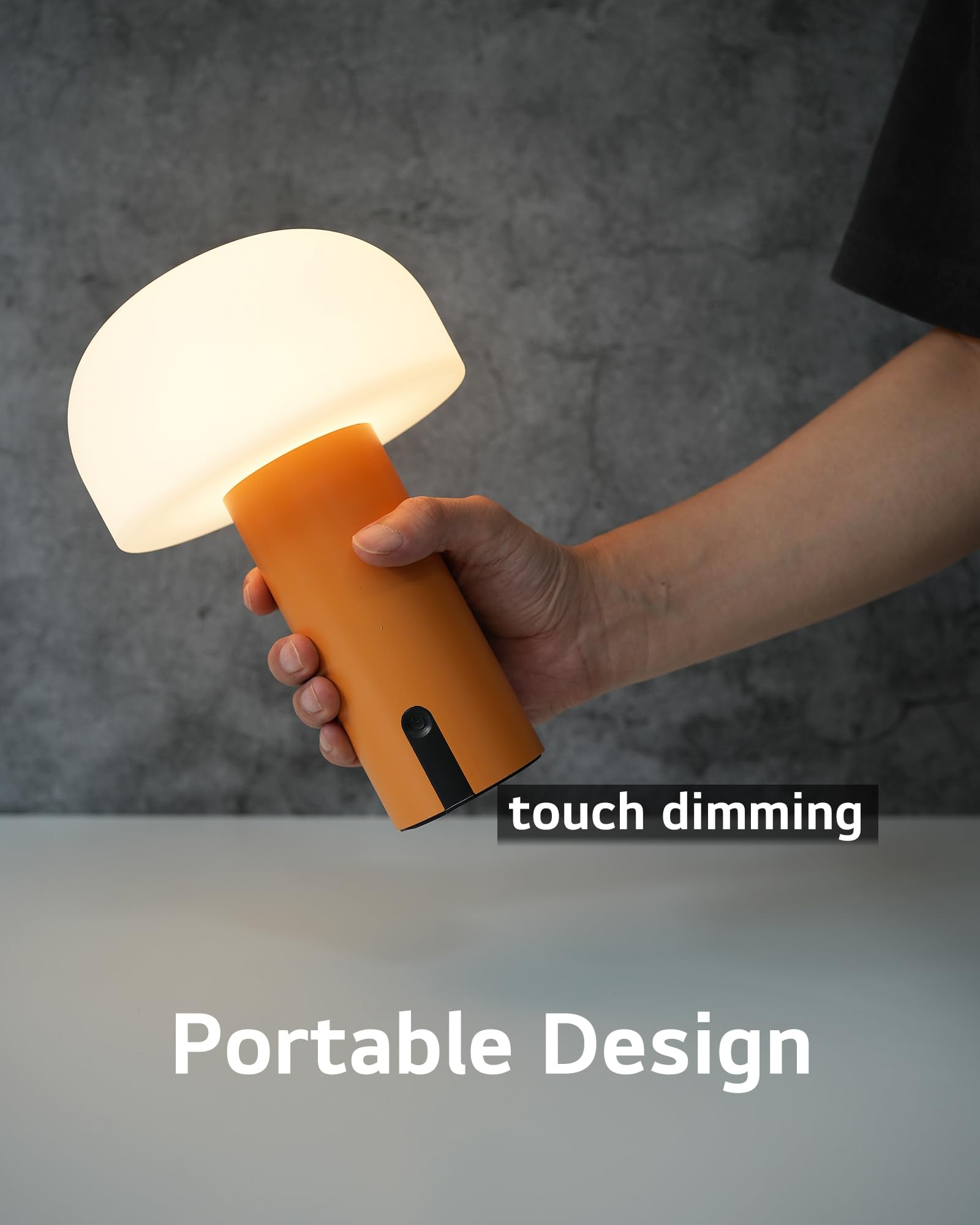 WEILAILUX Cordless Mushroom Table Lamp, Waterproof, Rechargeable, Touch Dimmable, Orange, Model WL-3760