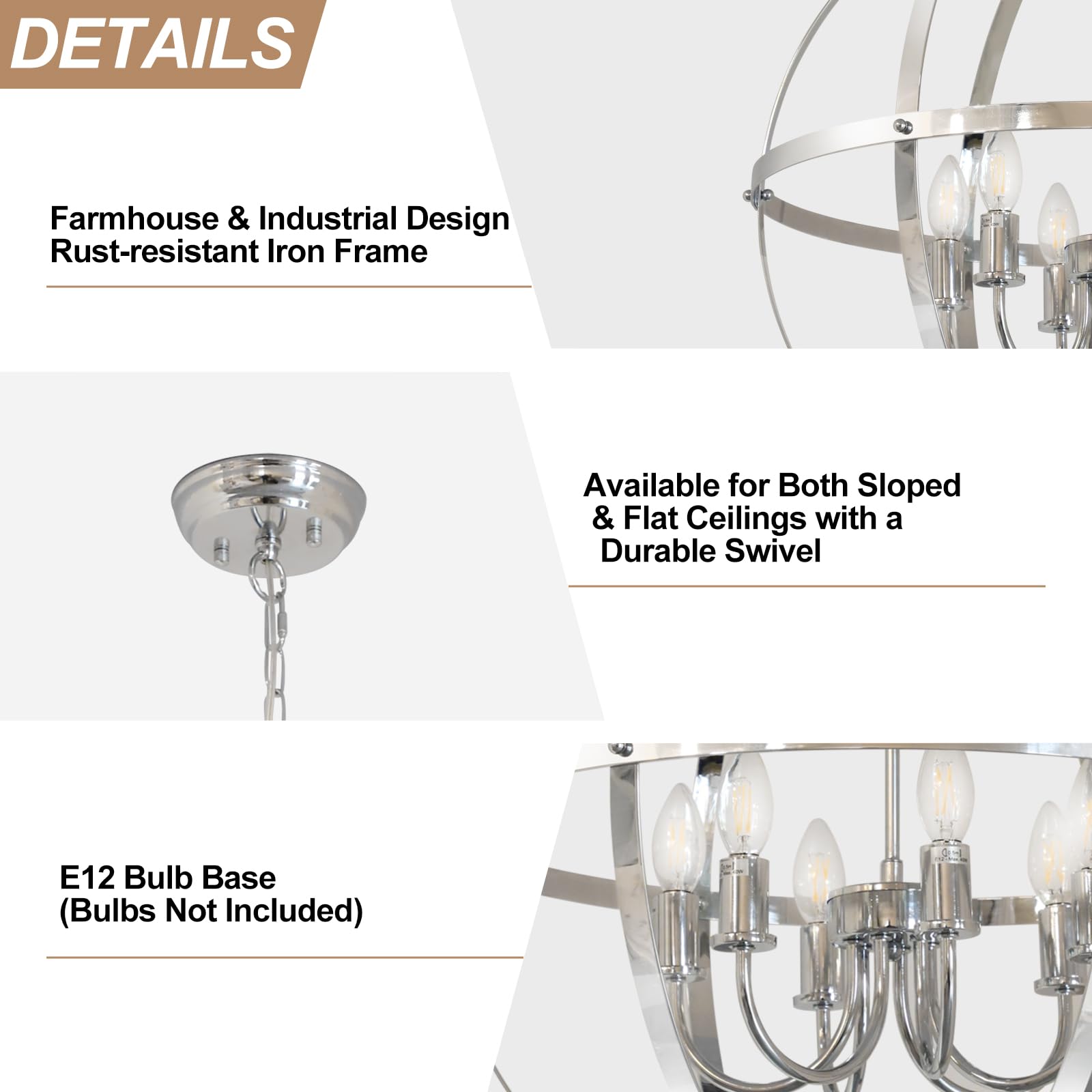 DINGLILIGHTING 6-Light Globe Pendant Light, Chrome Metal, Industrial Design, Model WS-FND5-40B-L