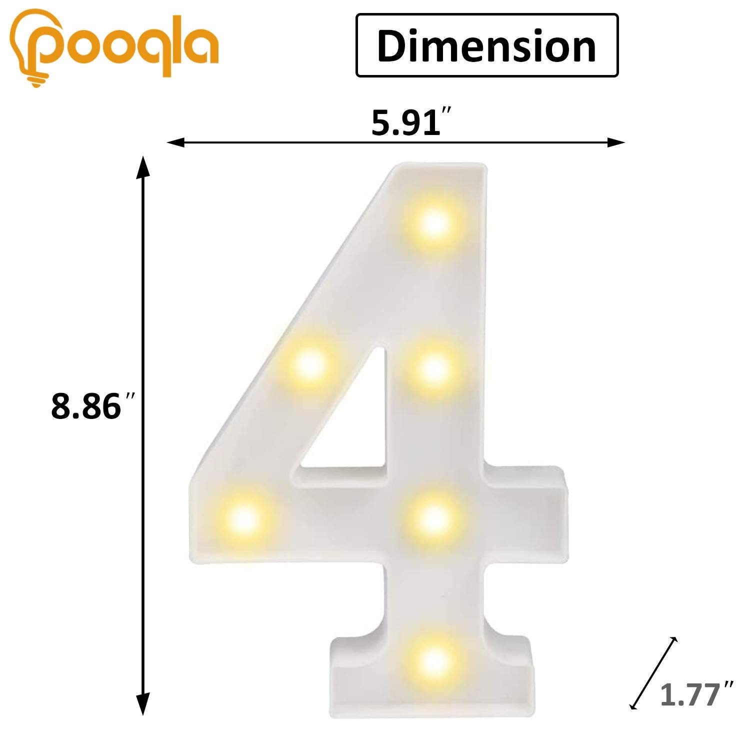 Decorative Led Light Up Number Letters, White Plastic Marquee Number Lights Sign Party Wedding Decor Battery Operated Number (4)