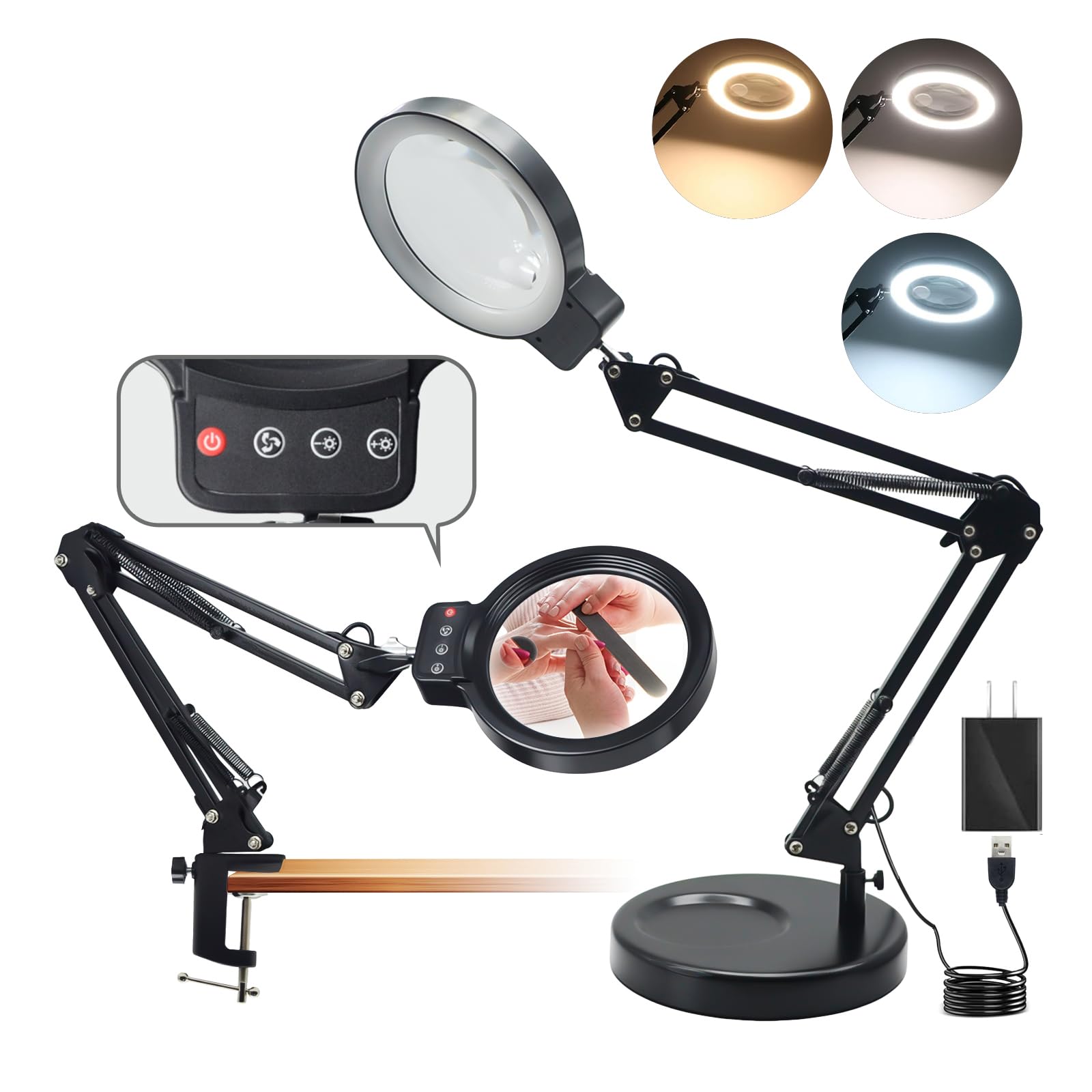 10X/20X Magnifying Glass with Light and Stand, LED Desk Magnifying lamp with Base and Clamp, 3 Color Mode, 10 Dimmable Levels De