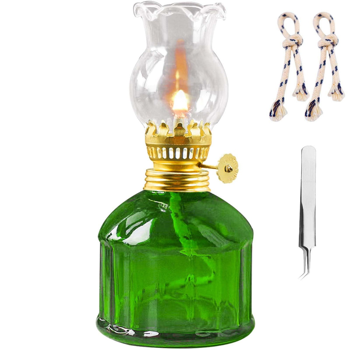 Kerosene Oil Lamp For Indoor Use,1 Glass Kerosene Lamp,2 Wicks And 1 Tweezers,Classic Retro Hurricane Lantern Decoration Outdoor