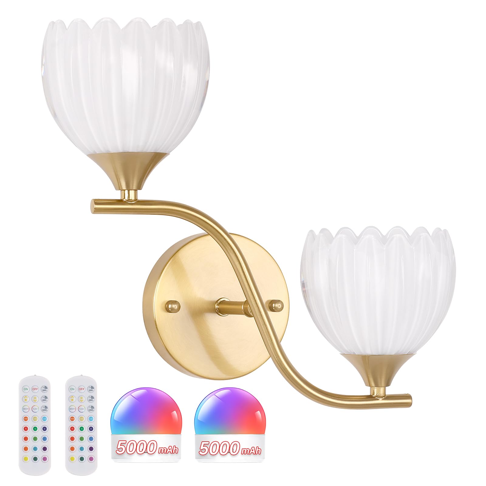 Shenmoyl Battery Operated Wall Sconce  2-Lights Vinatge Brass Wall Lighting with White Tluip Shade Rechargeable Bulb with Remote for Living Room  Bedroom