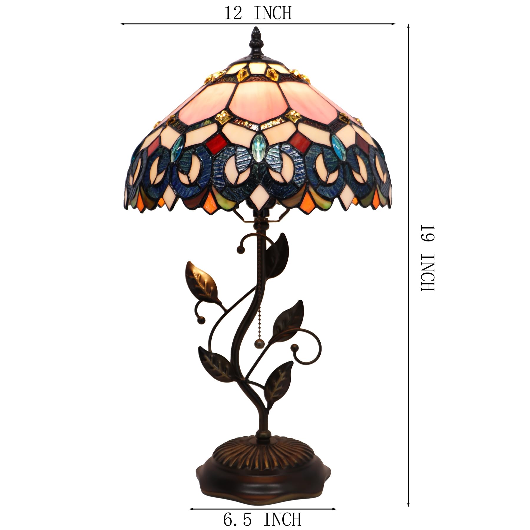 Lxhcyou Tiffany Table Lamp, Pink Stained Glass Desk Light, W12H19 Inch, Metal Leaf Base (Pink Baroque Style)