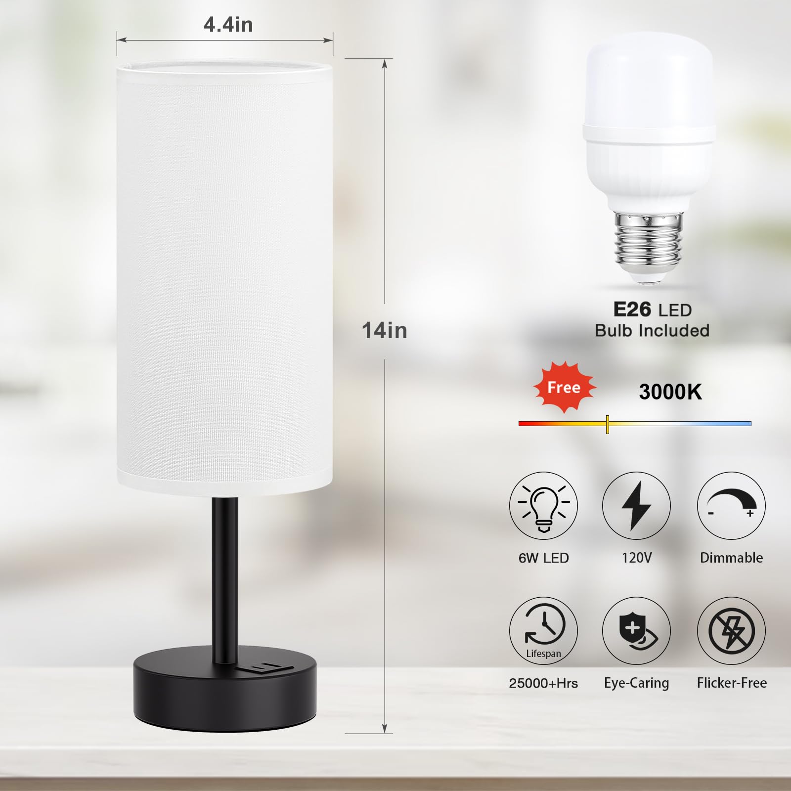 White Touch Table Lamp With Usb - 3 Way Dimmable Bedside Lamp For Nightstand, Bedroom Lamp With Black Charging Station For Desk,