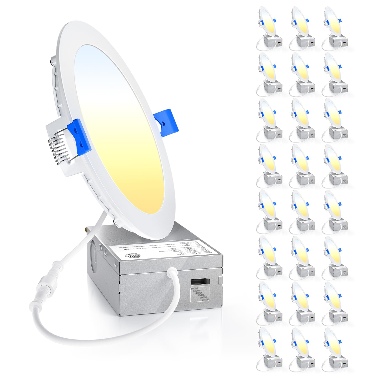 Ensenior 24 Pack 6 Inch LED Recessed Ceiling Light, Dimmable, 2700K-6000K 6CCT, 1050LM 12W 120V, High Brightness Canless Wafer D