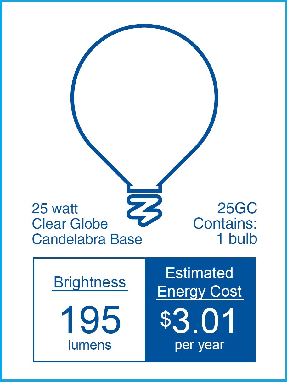 Ge Incandescent Globe Light Bulbs, 25 Watt, G16.5, Vanity Lights (25 Pack)