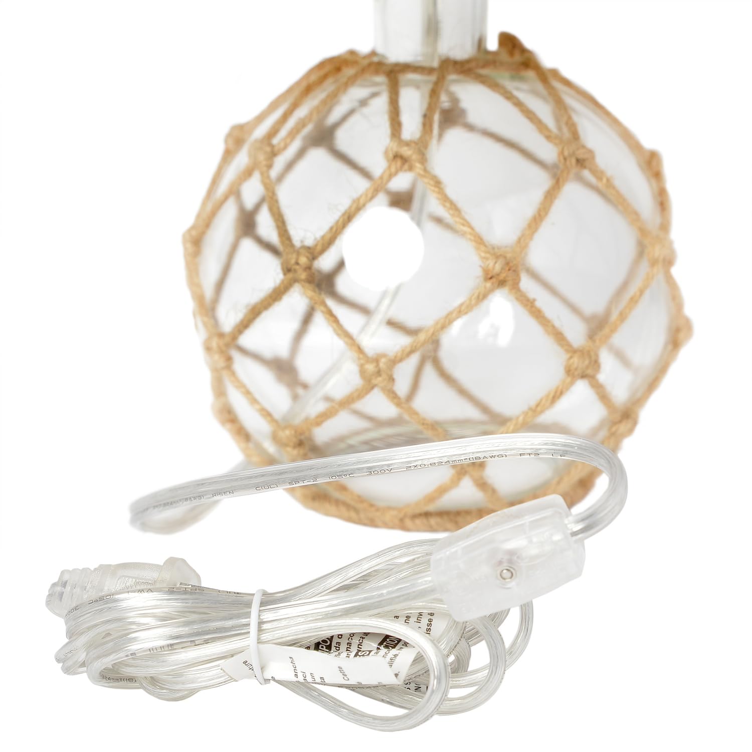 Elegant Designs LT1050-CLR-2PK 14.75" Buoy Rope 2-Pack Nautical Netted Coastal Ocean Sea Glass Table Lamp with Burlap Fabric Shade, Clear