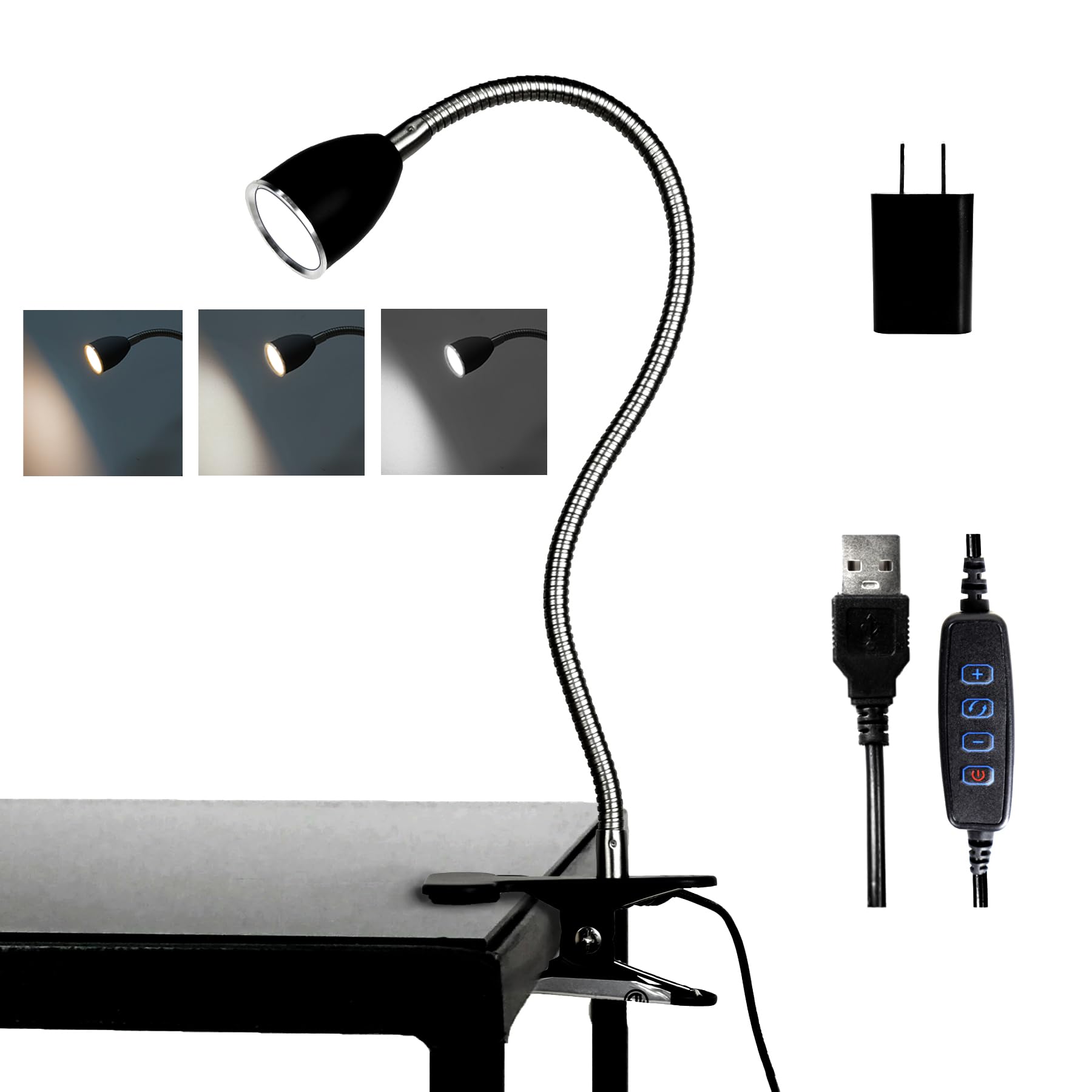 LALISU Desk Lamp Eye-Caring Gooseneck Clip Light, 360° Rotation, Metal, Black with Dimmer, Model LALISULALITB004