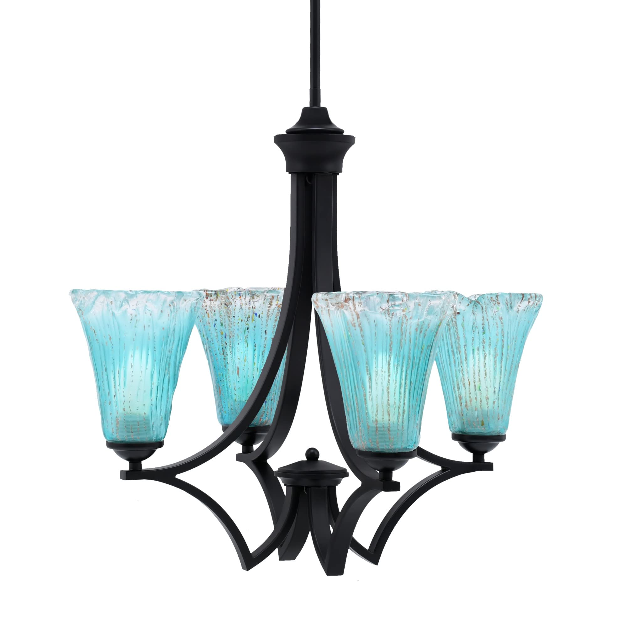 Zilo Uplight, 4 Light, Chandelier in Matte Black Finish with 5.5&quot; Fluted Teal Crystal Glass