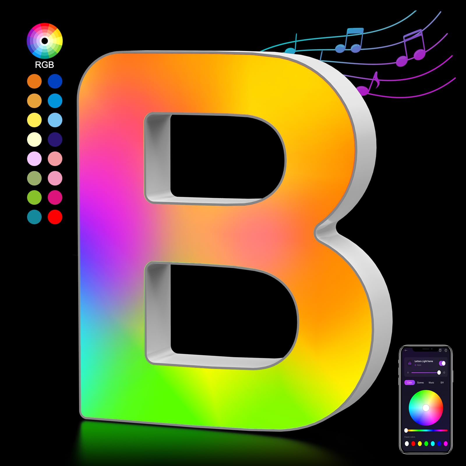 OJQ LED Light Up Letters - Colorful Alphabet Decor, Model A1, White Plastic, Music Sync for Bedroom, Christmas & Birthday Gifts