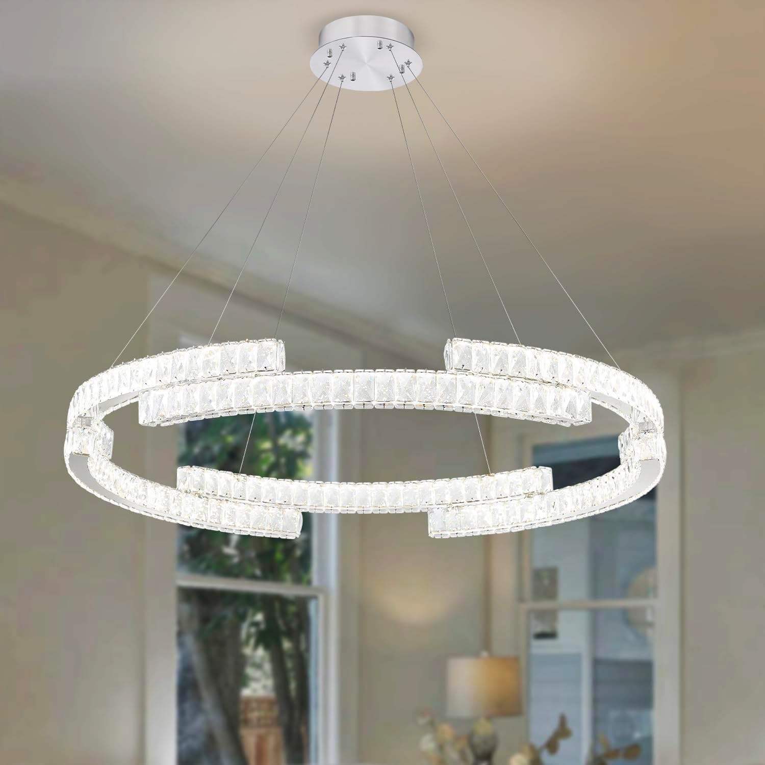 Idequy Modern Crystal Chandelier Dimmable Led Ring Pendant Light Adjustable Led Ring Chandelier 1 Ring For Dining Room Living Ro