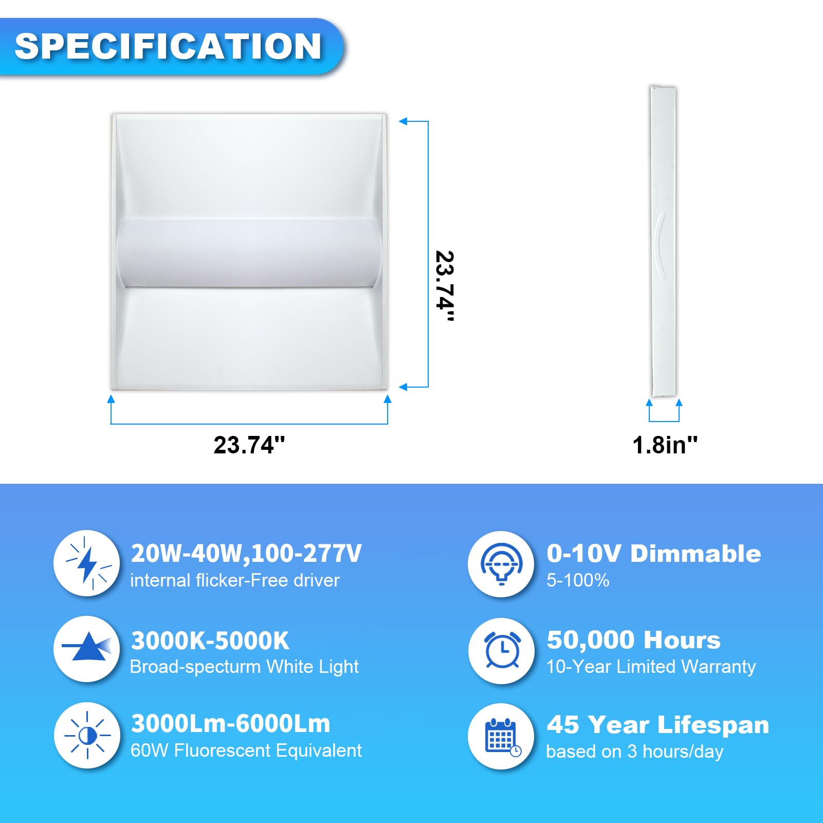 Cortelco 2x4 LED Troffer Panel, Color Tunable 3000K-5000K, Watt Adjustable 25W-50W, 4-Pack, White, Aluminum