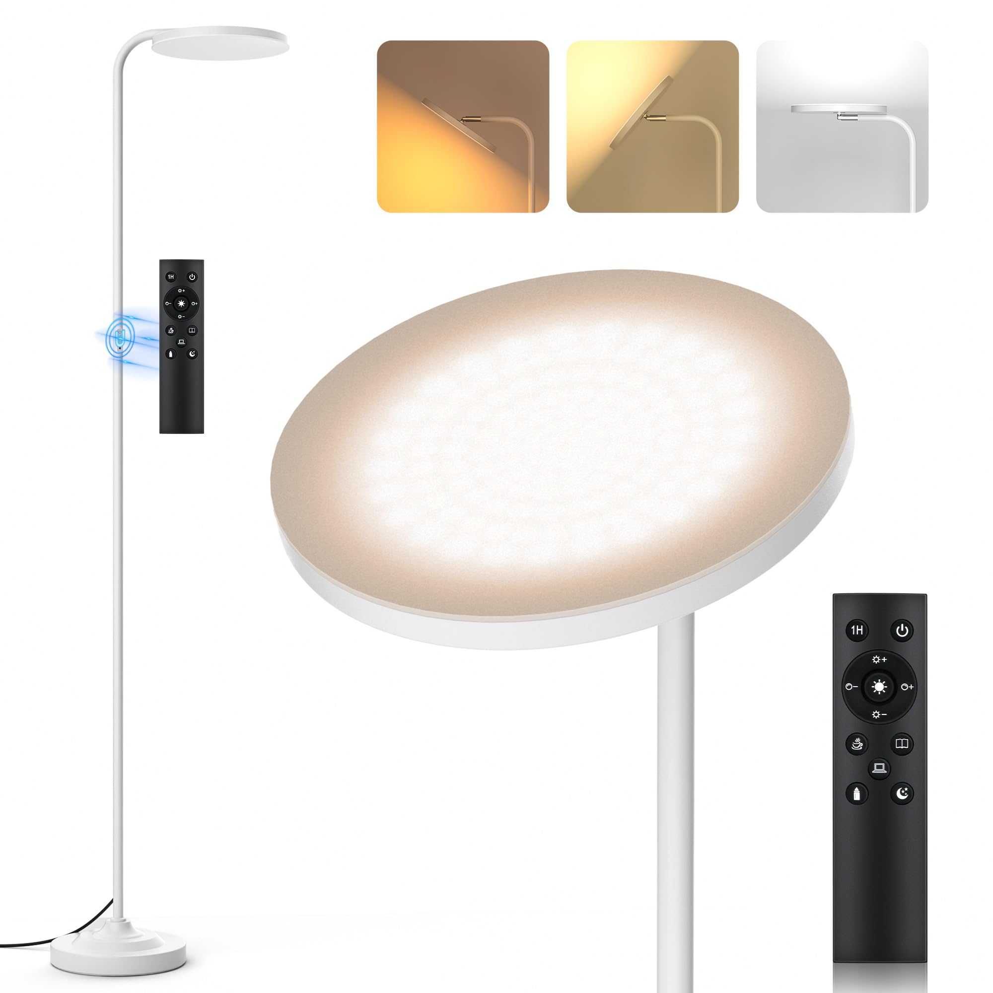 SIBRILLE 36W LED Floor Lamp, Modern Dimmable Torchiere with Remote, 350° Rotating Head, White, Model MF30012