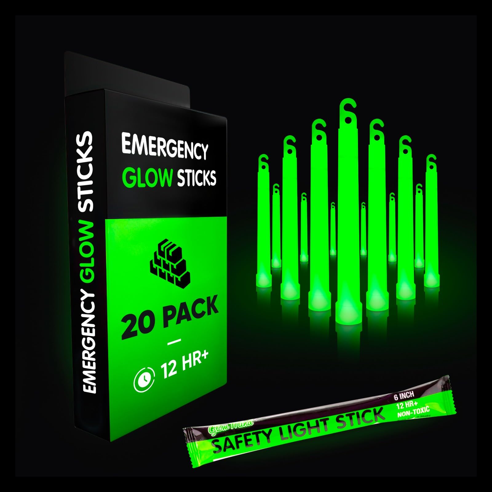 Glow Mind Glow Sticks, 6 Inch Ultra Bright, 20 Pack, Green, Model GM-06-20, Chemoluminescence Material