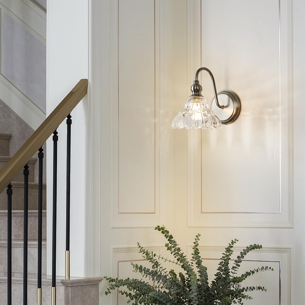 TLOLGT Brushed Nickel Wall Sconce - Modern 1-Light Bathroom Vanity Light Fixture, Glass, Model SN66-1