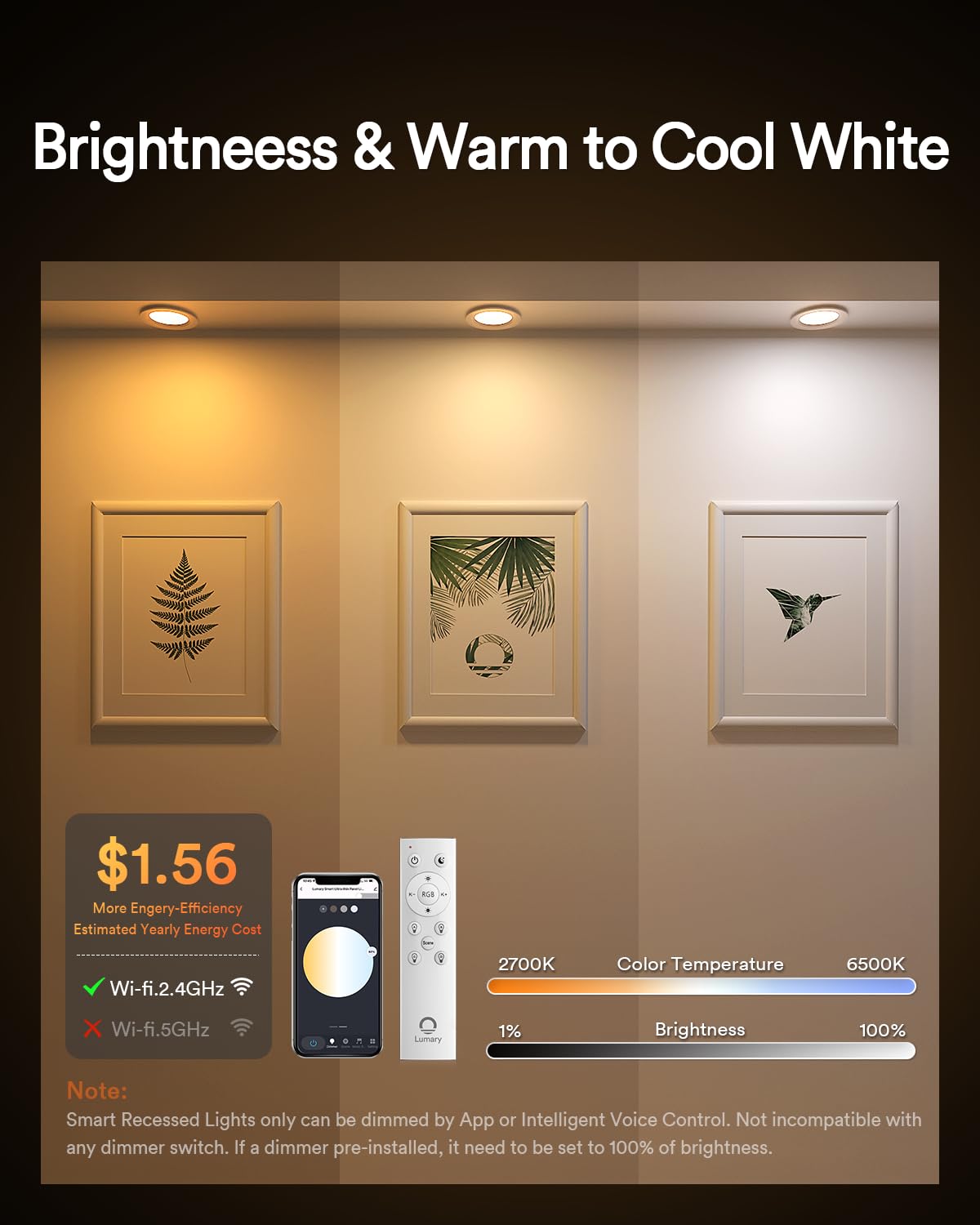 Lumary 6 Inch Smart WiFi LED Recessed Lighting, RGBWW Canless Downlight, 13W, White, Model US-SD6C-1, Works with Alexa/Google