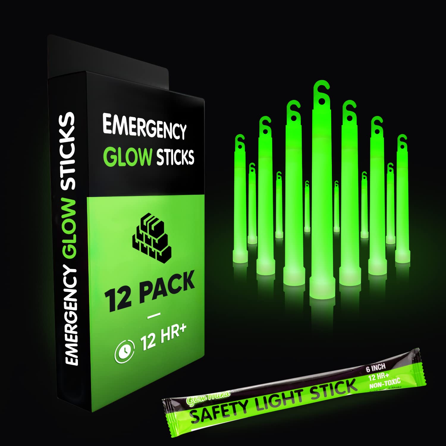Glow Mind Emergency Glow Sticks - 12 Pack, Green, Long Lasting Chemoluminescent for Camping, Power Outages, Survival Gear