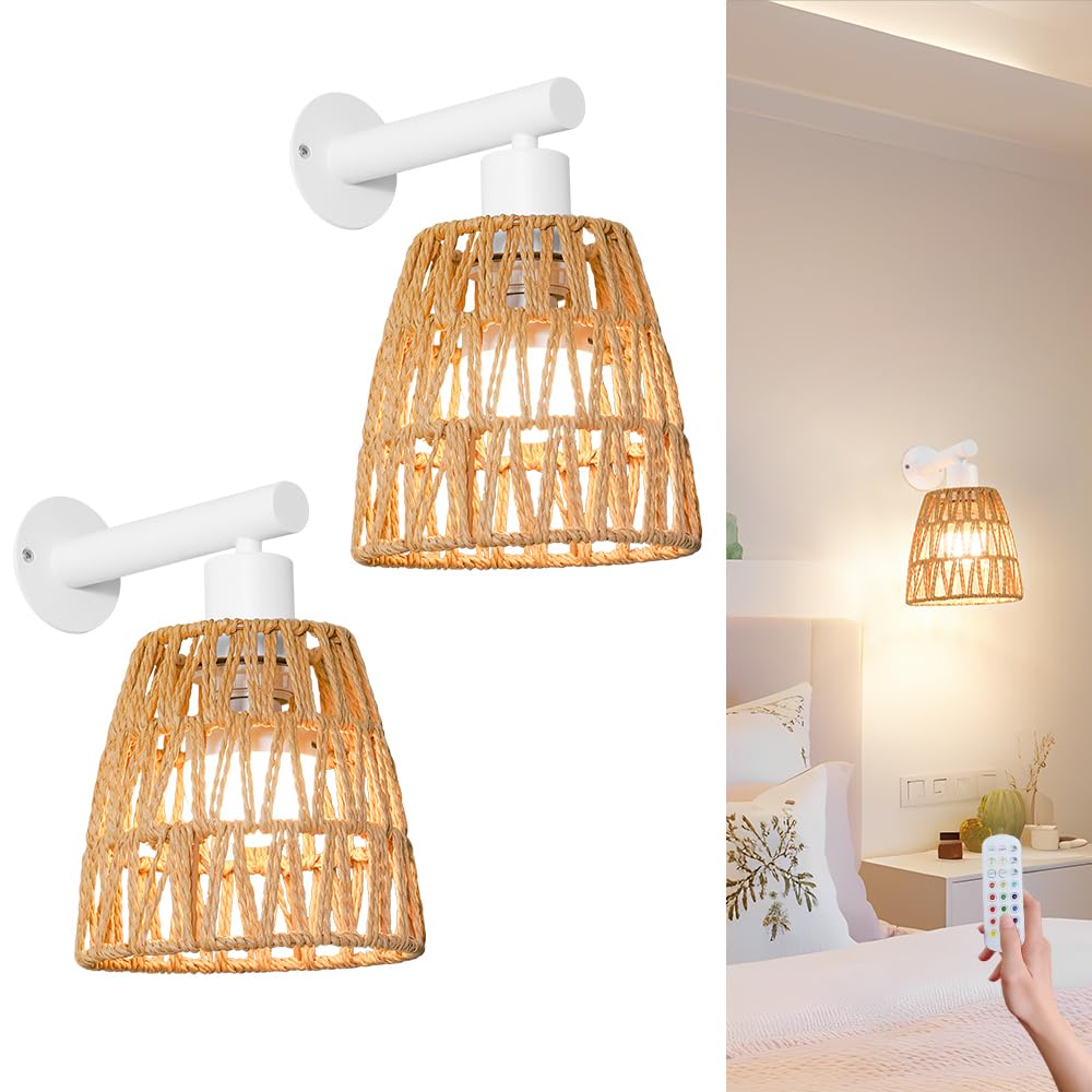 Battery Operated Wall Sconce Set Of 2  Boho Usb Rechargeable Wall Lamp  White Farmhouse Rattan Sconce Lighting With Remote  Rgb 15 Colors Modes Rechargeable Wall Lights For Bedroom Livingroom Hallway