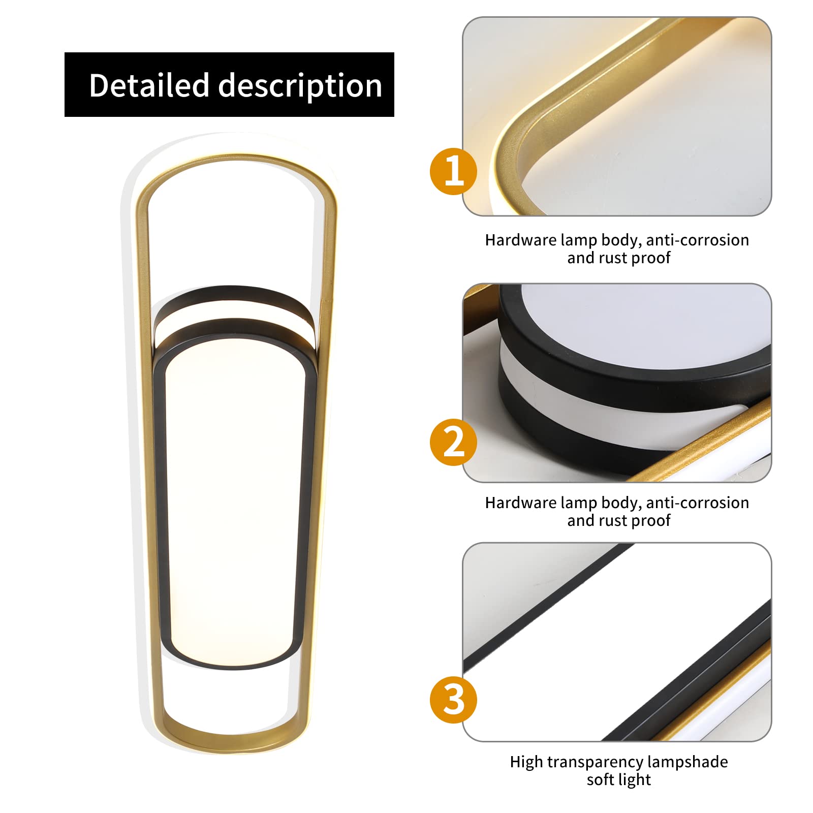 Qcyuui LED Ceiling Light Fixture, Dimmable Acrylic Lamp, 43.3in Black and Gold for Kitchen, Dining Room, Hallway