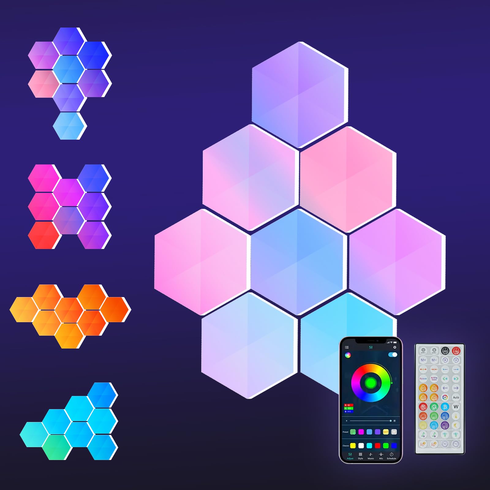 HEDCINLT Hexagon LED Lights - 8 Pack Smart RGB Wall Panels Kit, App & Remote Control, Music Sync, DIY Modular Design for Gaming 