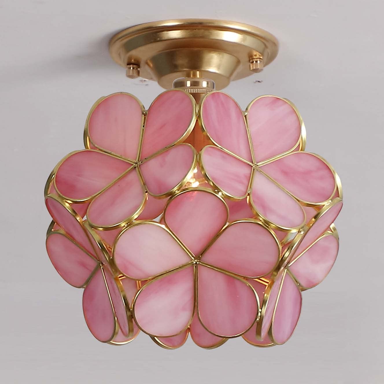 Bieye L10822 Flower Petals Tiffany Style Stained Glass Close To Ceiling Light, 8-Inch Wide (Pink)