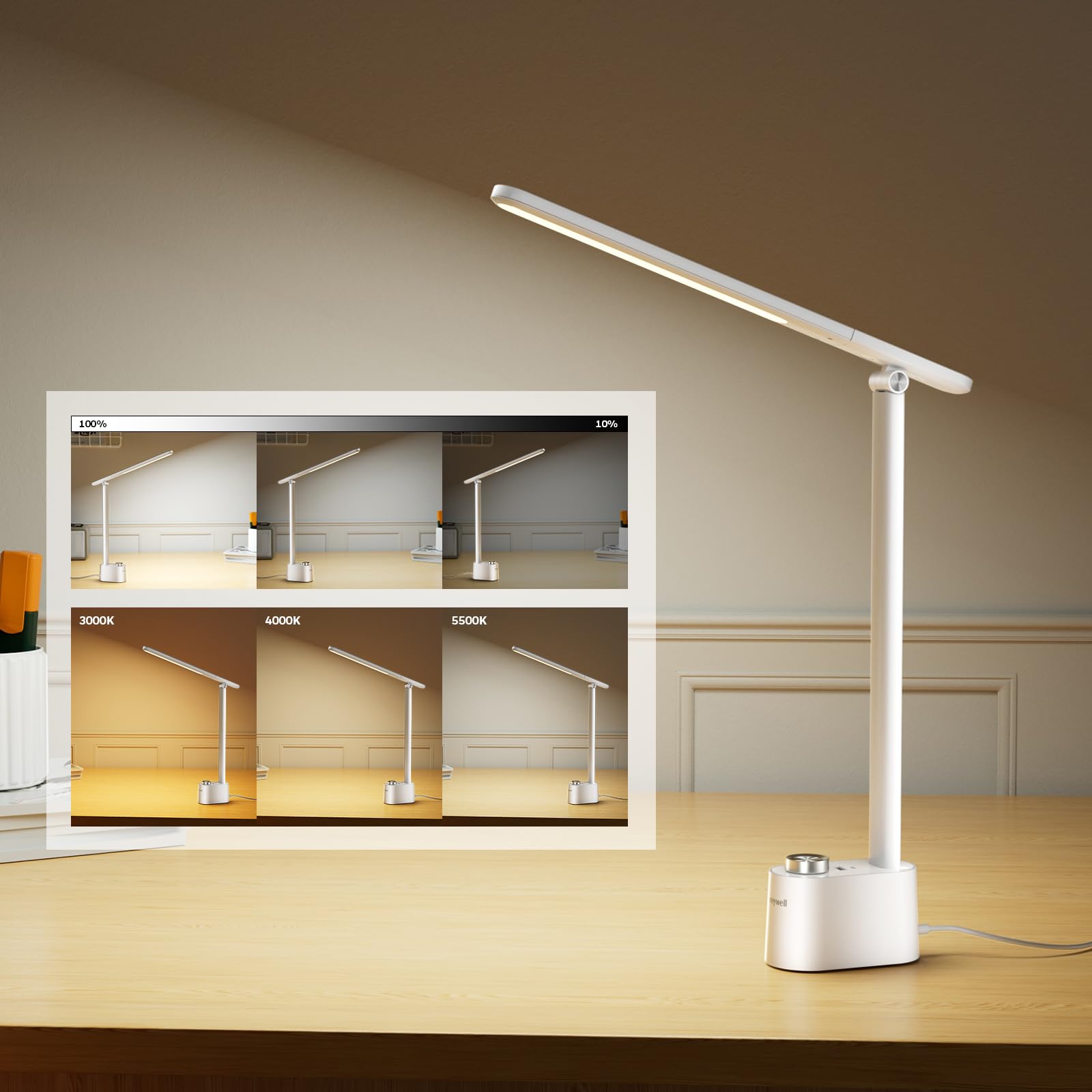 Honeywell LED Desk Lamp - H01 Pro Sunturalux™ Foldable Light, USB A+C Charging, 3 Color Modes, White