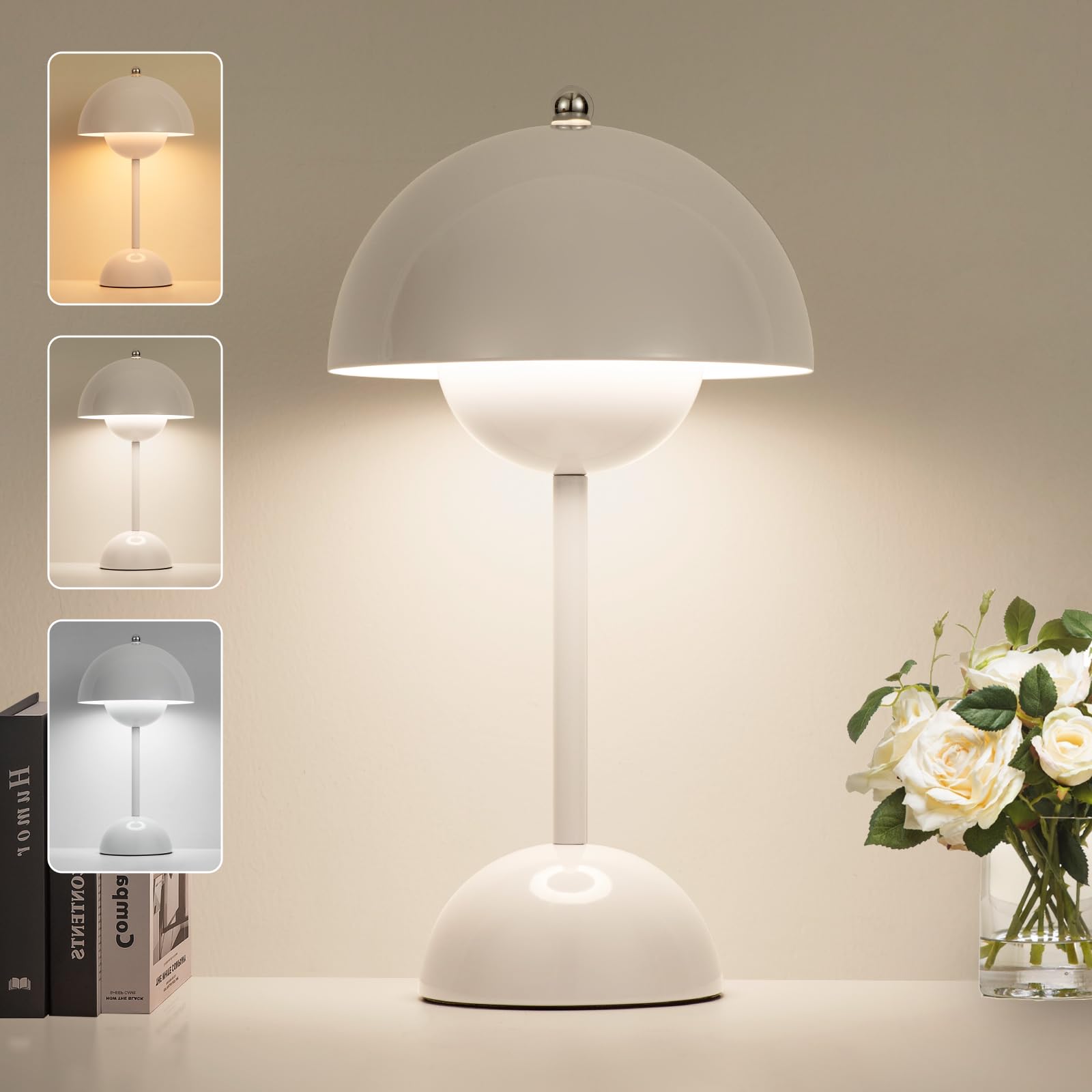 Zoopeen Modern Flowerpot Cordless Table Lamp,5200Mah Rechargeable Battery Operated Mushroom Light,3 Color Stepless Dimmable,Portable Bedside Led Desk Lamp,Perfect For Bedroom/Restaurant(White)