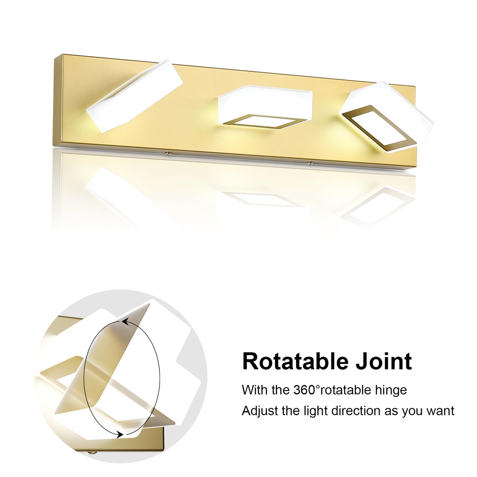 Ralbay Gold Bathroom Vanity Lights 3-Light LED Fixture, 20 Inch, Metal, White Light 6000K, Model 8590-gold-silver