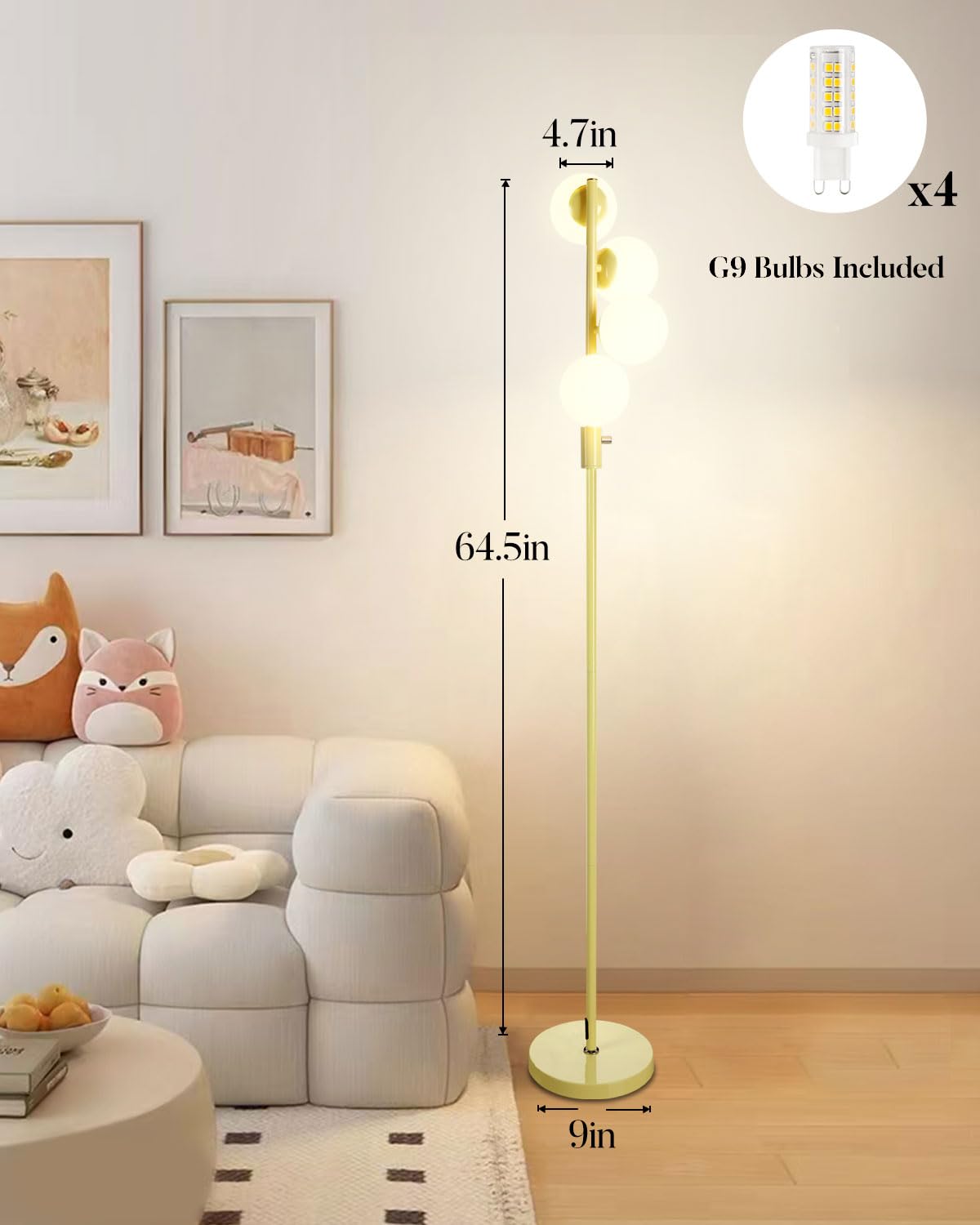 Lightdot 64In Dimmable (Brightness Adjustable) Globe Floor Lamp, Standing Lamps With 4Pcs 3000K G9 Bulbs Soft Warm White Eye Car