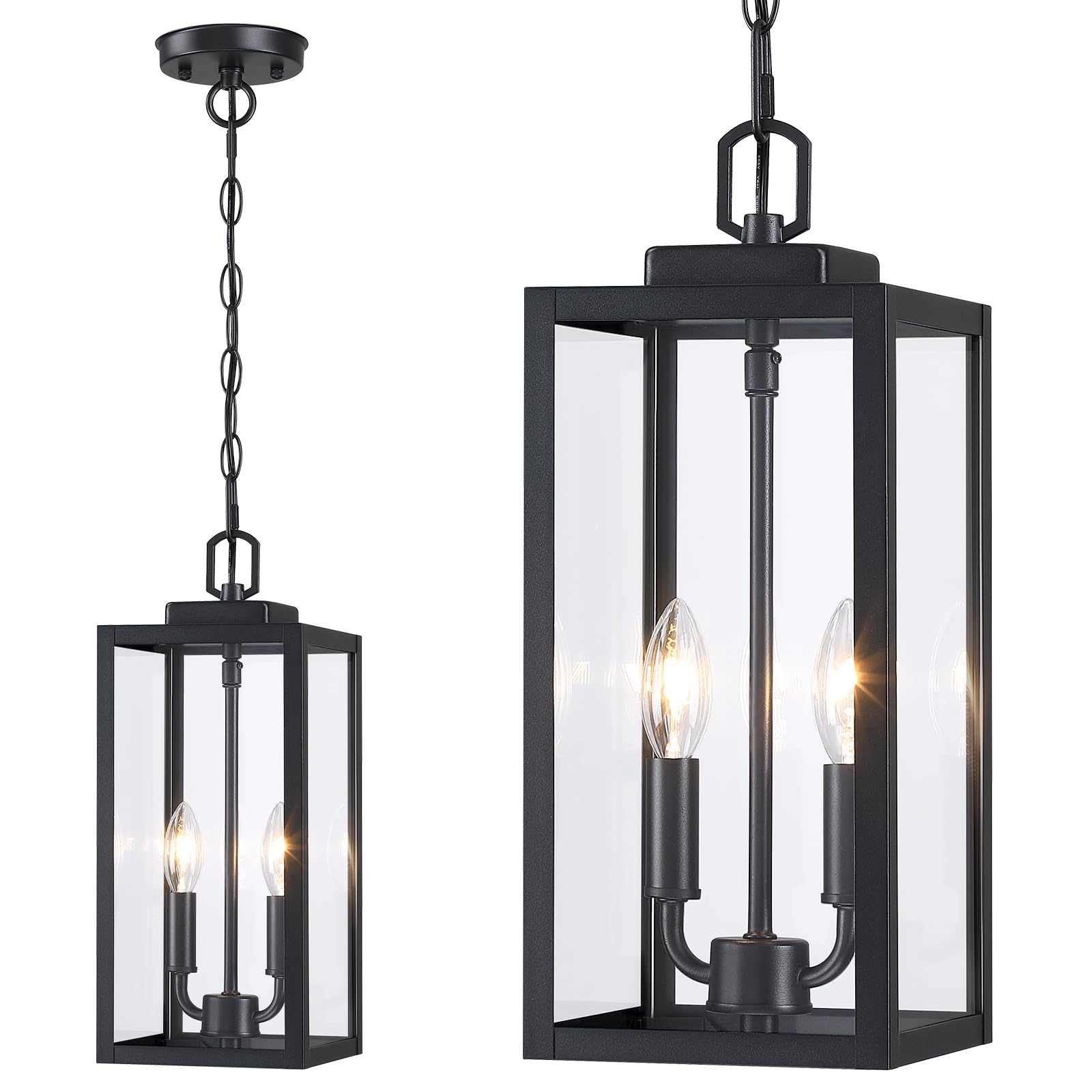 15'' Large Outdoor Pendant Light 2-Light, Modern Black Metal Outside Chandelier Exterior Hanging Fixture Ceiling Mount with Clea