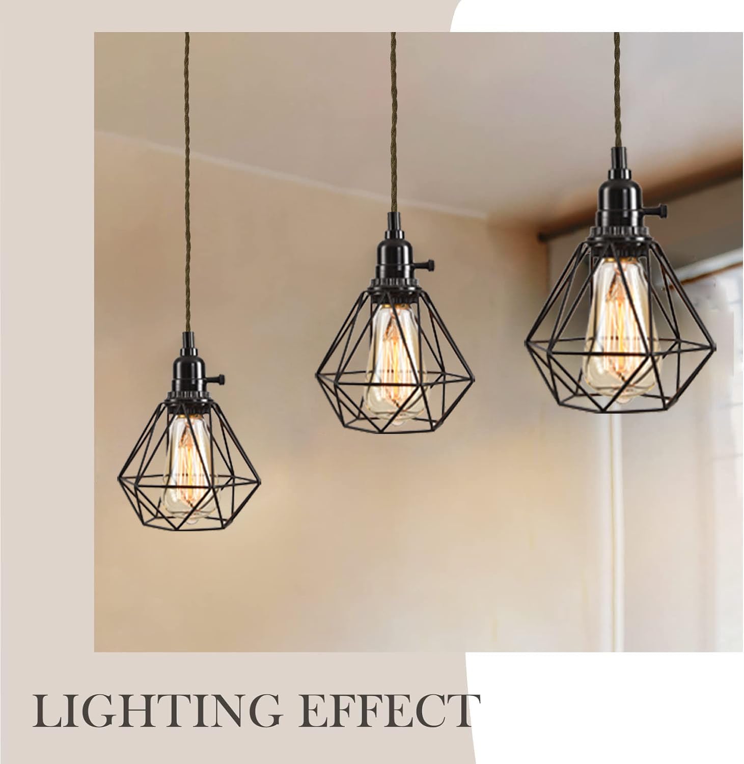 Kenmi 3-Light Hanging Light With Plug In Cord,Plug In Pendant Light 22Ft Hemp Rope Pendant Lighting Vintage 3-Light Metal Cage H
