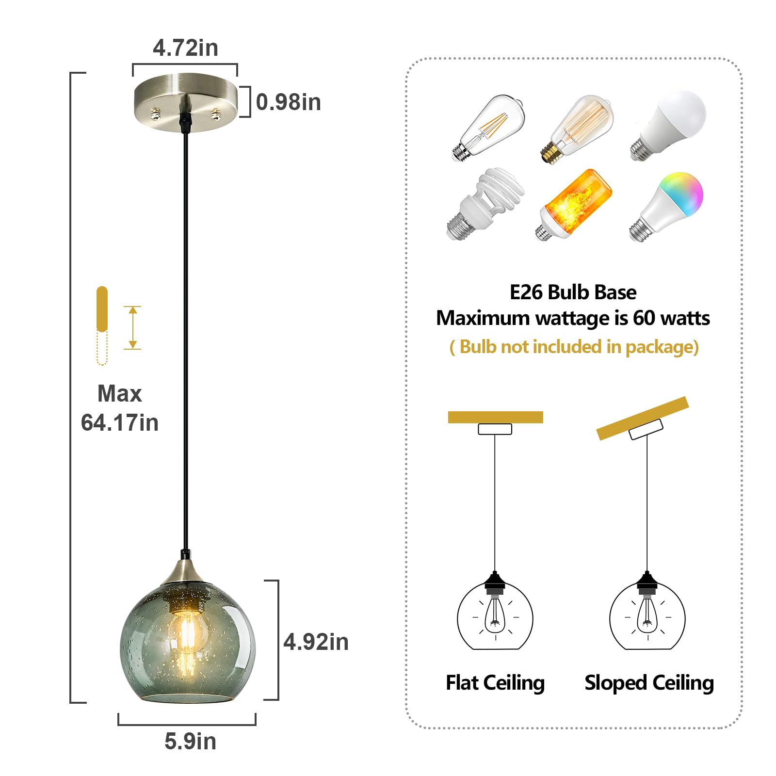 LBSQJ Glass Pendant Light Fixture - Modern Gray Green Globe Pendant for Kitchen Island, Bedroom, Dining Room - 5.9in, 1-Pack, Model LBSQJ-460