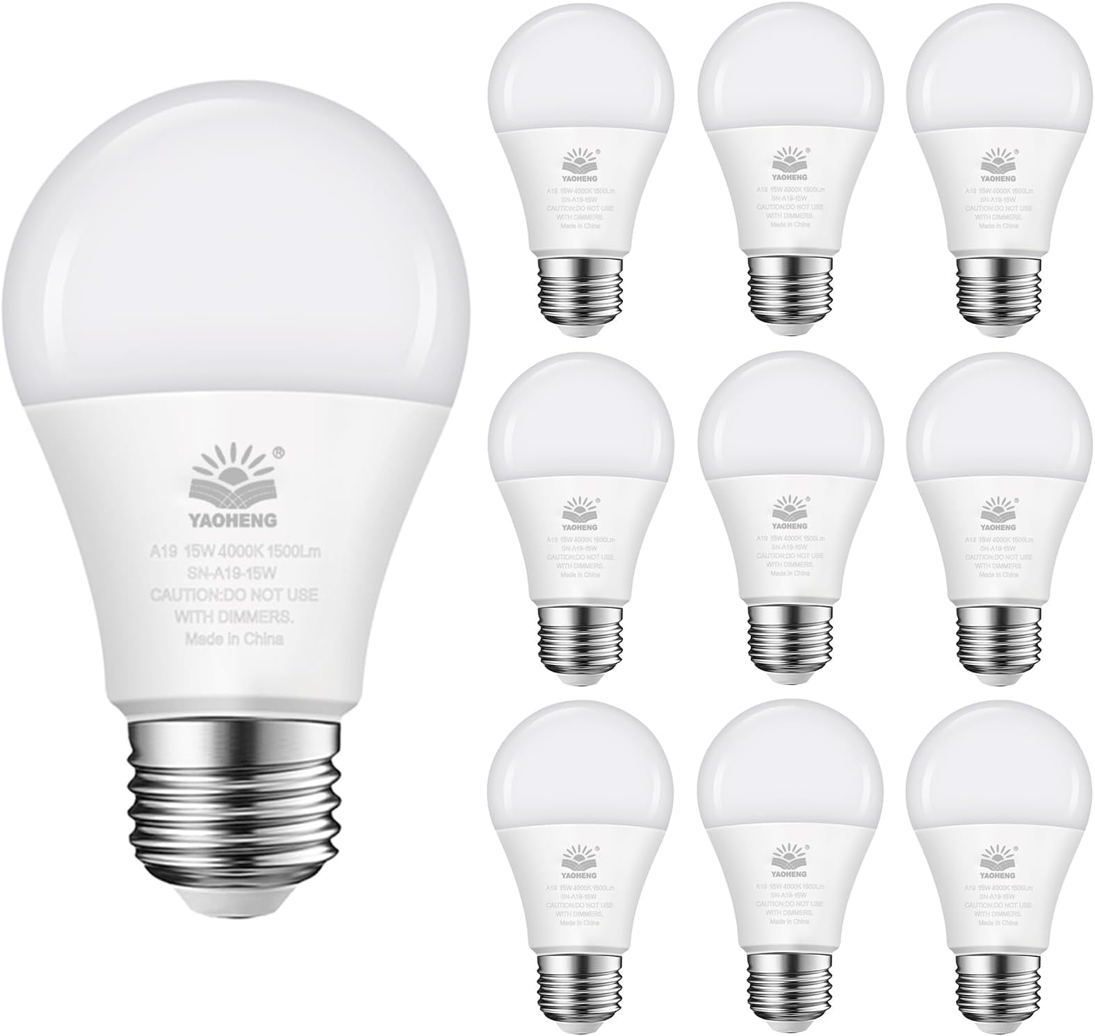 YAOHENG A19 LED Light Bulb, 100W Equivalent, 4000K Neutral White, 1500 Lumens, 15W, E26 Base, Non-Dimmable,
