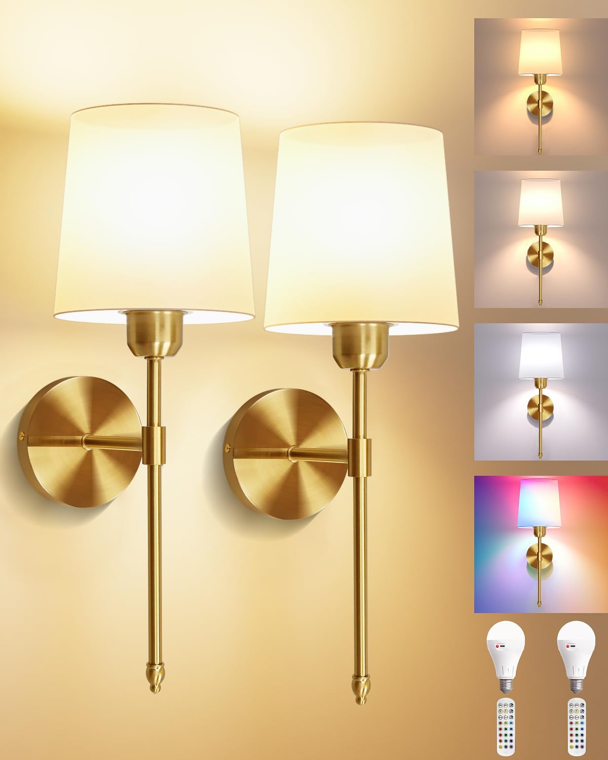 Ouyulong Battery Operated Wall Sconces Set of 2, Wireless Rechargeable Dimmable Wall Light with 5600mAh RGB Bulb and Remote for 