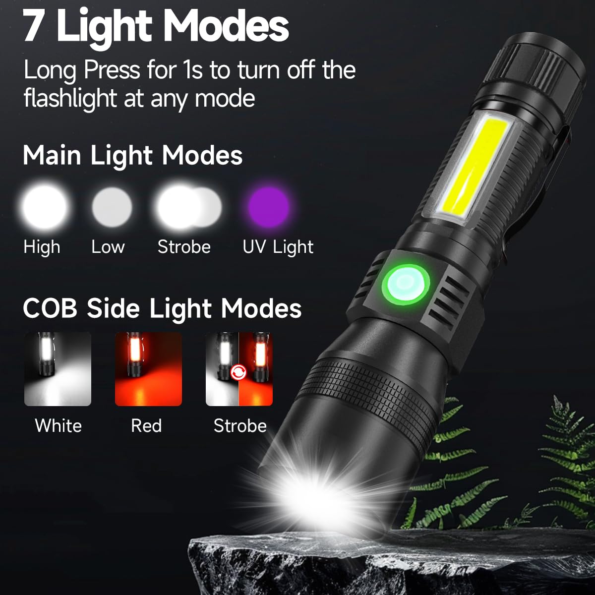 AdamStar 3-in-1 Rechargeable Black Light Flashlight, UV LED, 7 Modes, Waterproof, Aluminum, Black + Purple with Case, Model 016