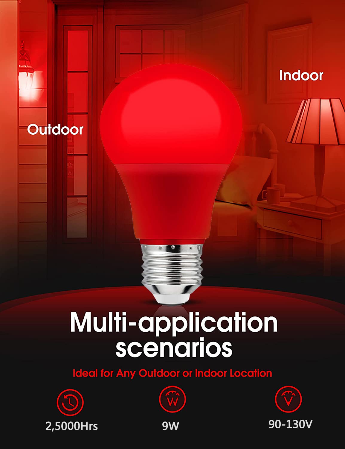 Led Red Light Bulb, A19 9W (60W Equivalent) Red Colored Light Bulb Outdoor, E26 Base Red Led Lights For Party Decoration, New Year, Porch, Home Lighting, Christmas Light Bulbs, Wedding, Bar, 4 Pack