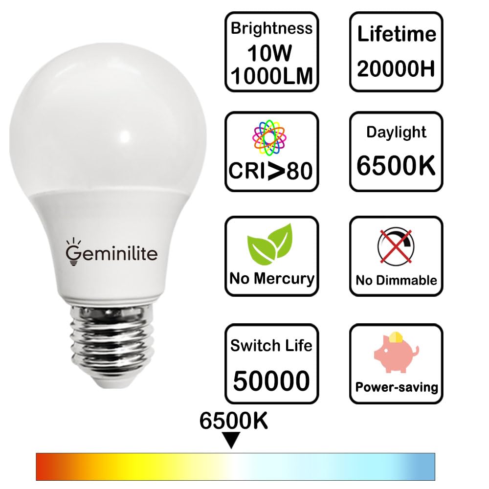 Geminilite A19 LED Light Bulbs, 60W Equivalent, 10W 1000 Lumen, Daylight White, Pack of 6, Energy Efficient Non-Dimmable
