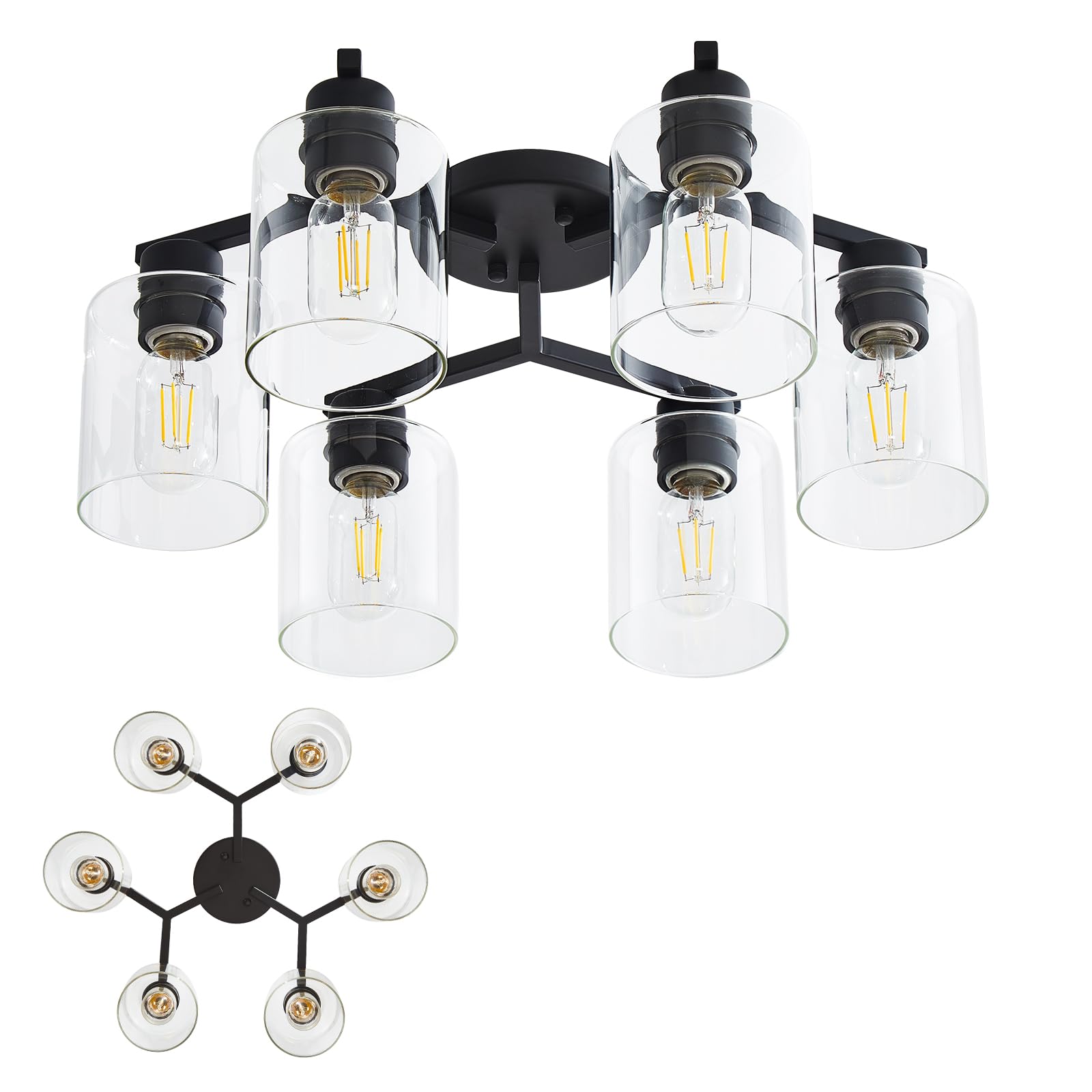 6-Light Semi Flush Mount Ceiling Light Fixture, Black Light Fixtures For Dining Room Ceiling, Large Kitchen Lighting Fixtures Ce