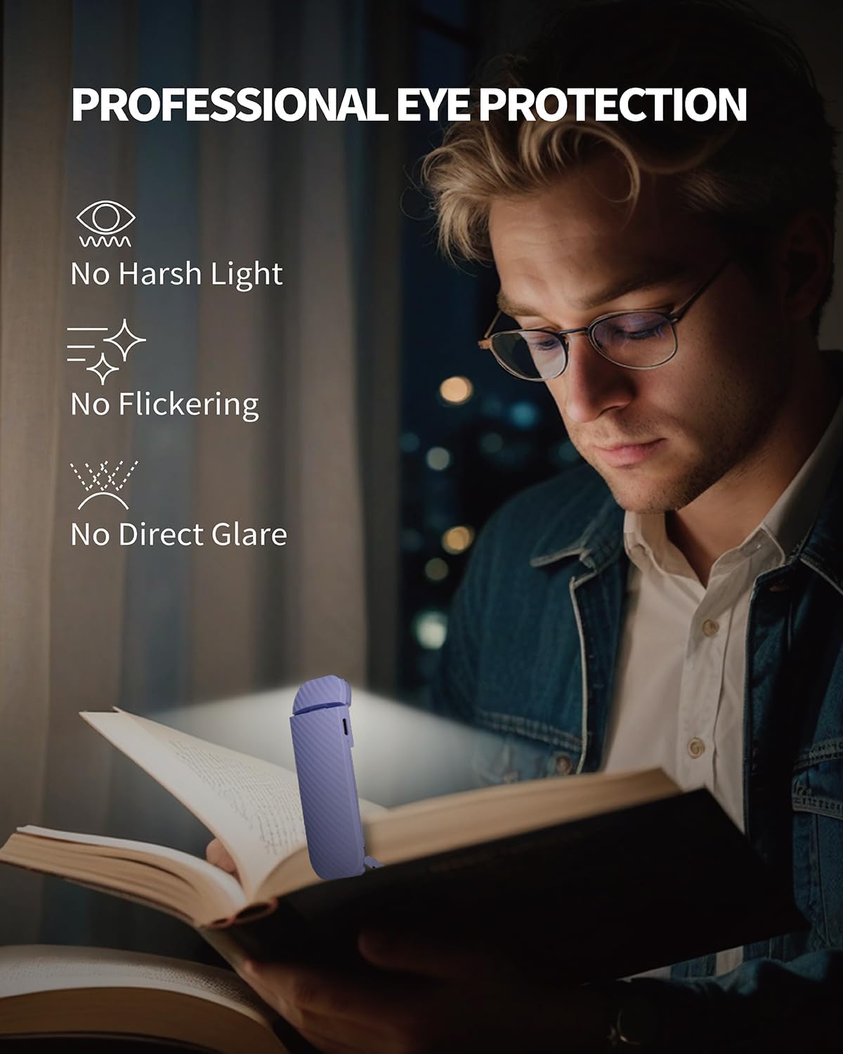 Hemonnkam Clip-On Reading Light, Rechargeable, Abs & Pc, Romantic Purple, Model Book Light-003